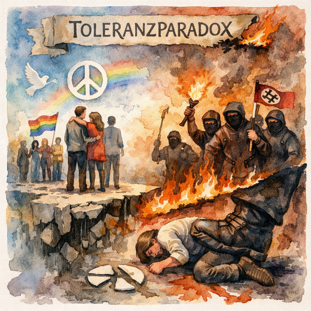 Uneingeschränkte Toleranz muss zum Verschwinden der Toleranz führen, denn die Intoleranten zu tolerieren ermöglicht es ihnen, die Toleranten zu vernichten